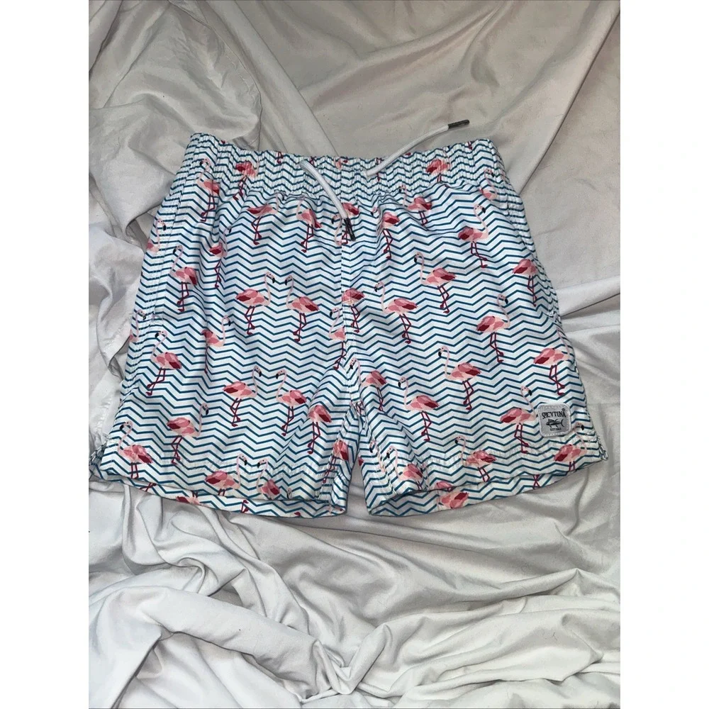 Spicy Tuna Boys 10 All Over Flamingo Swim Trunks Light‎ Blue Drawstring